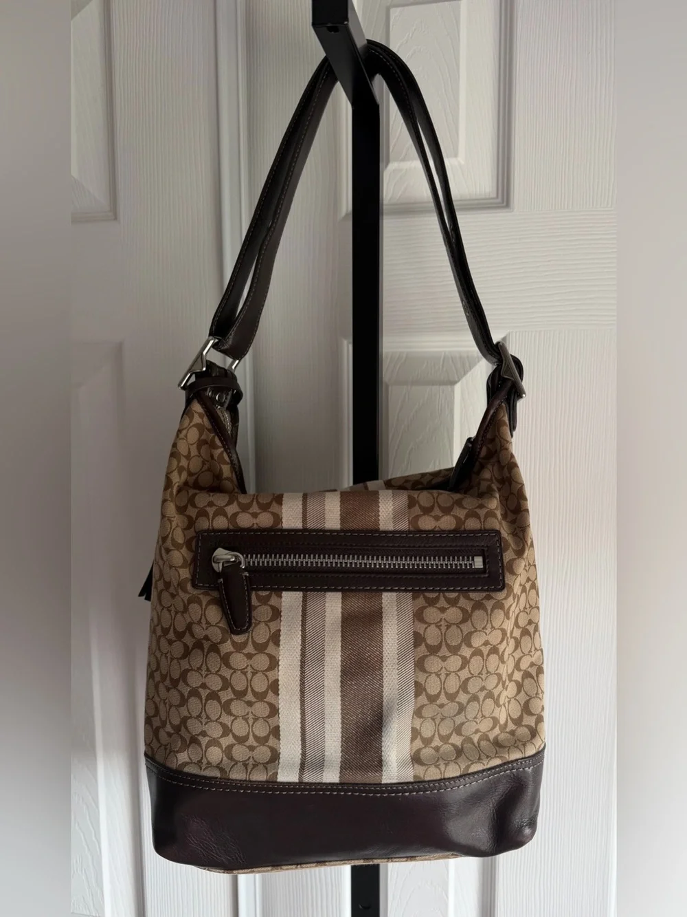 Coach Legacy Brown Beige Hobo Signature C  Leather Trim Bag